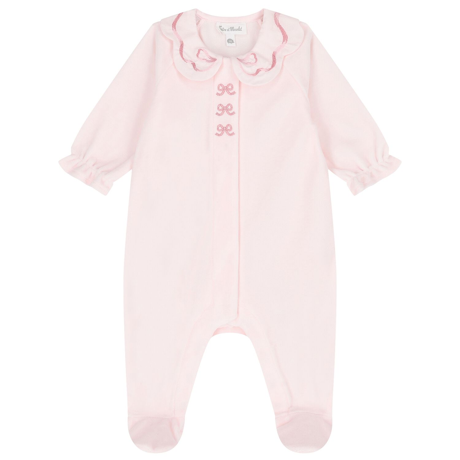 Baby Girls Pink Bow Velour Babygrow, 2, hi-res