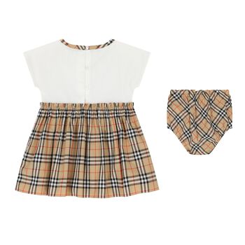 Baby Girls White & Beige Bow Check Dress Set
