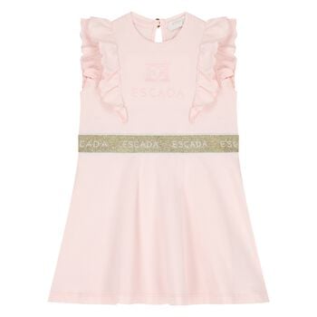 Younger Girls Pink & Gold Ruffled Logo Dress