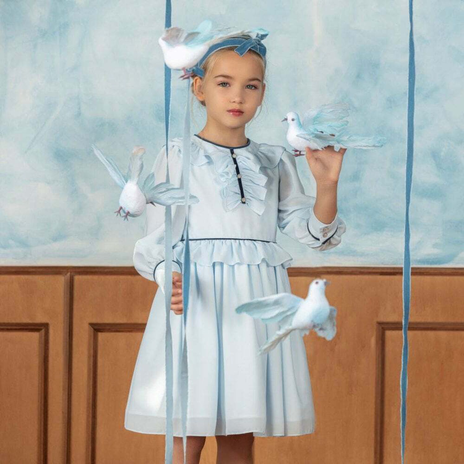 فستان عيد مطرز بكشكش باللون الازرق, 1, hi-res