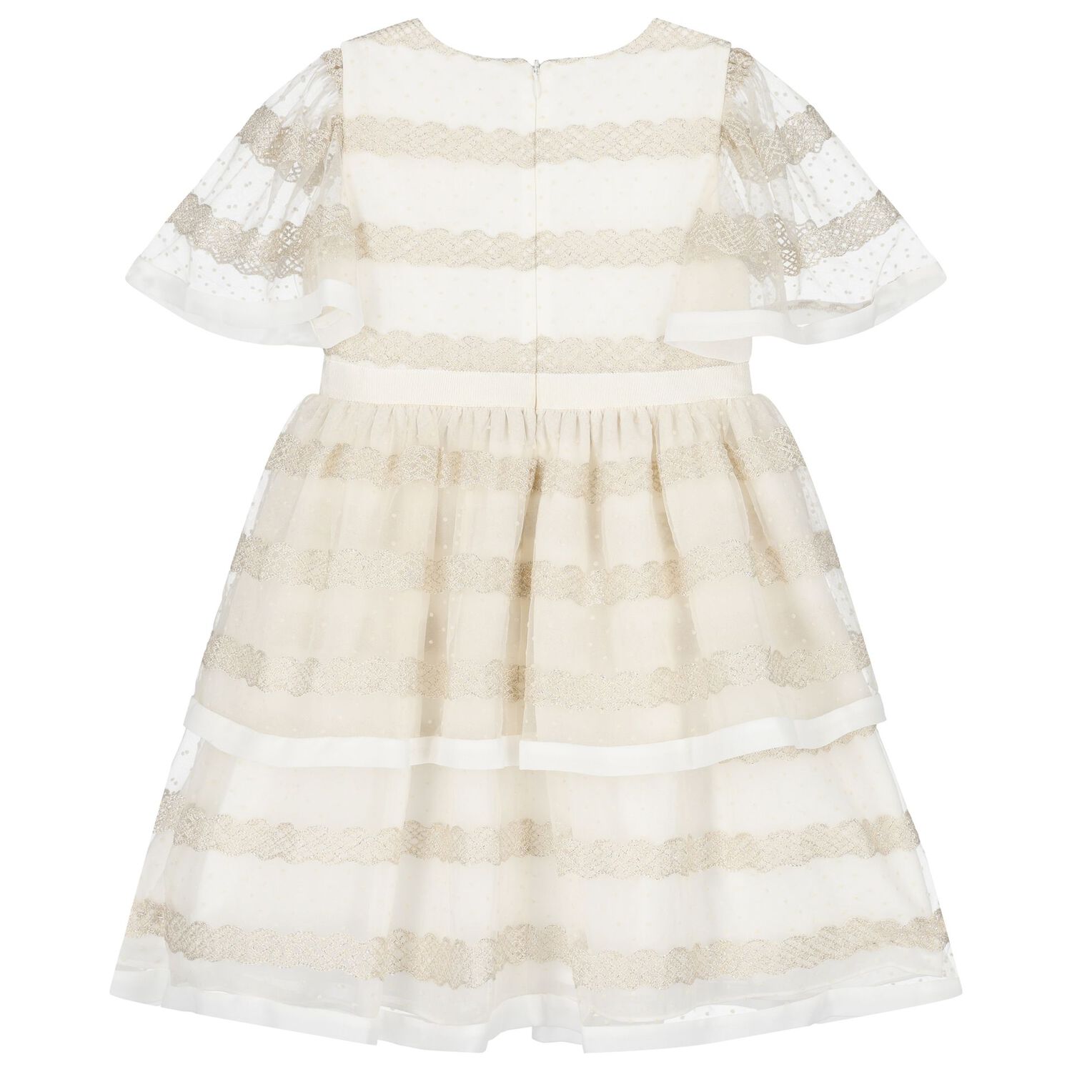 Girls White & Gold Tulle & Chiffon Dress, 1, hi-res