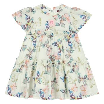 Younger Girls Ivory Butterflies Logo Dress