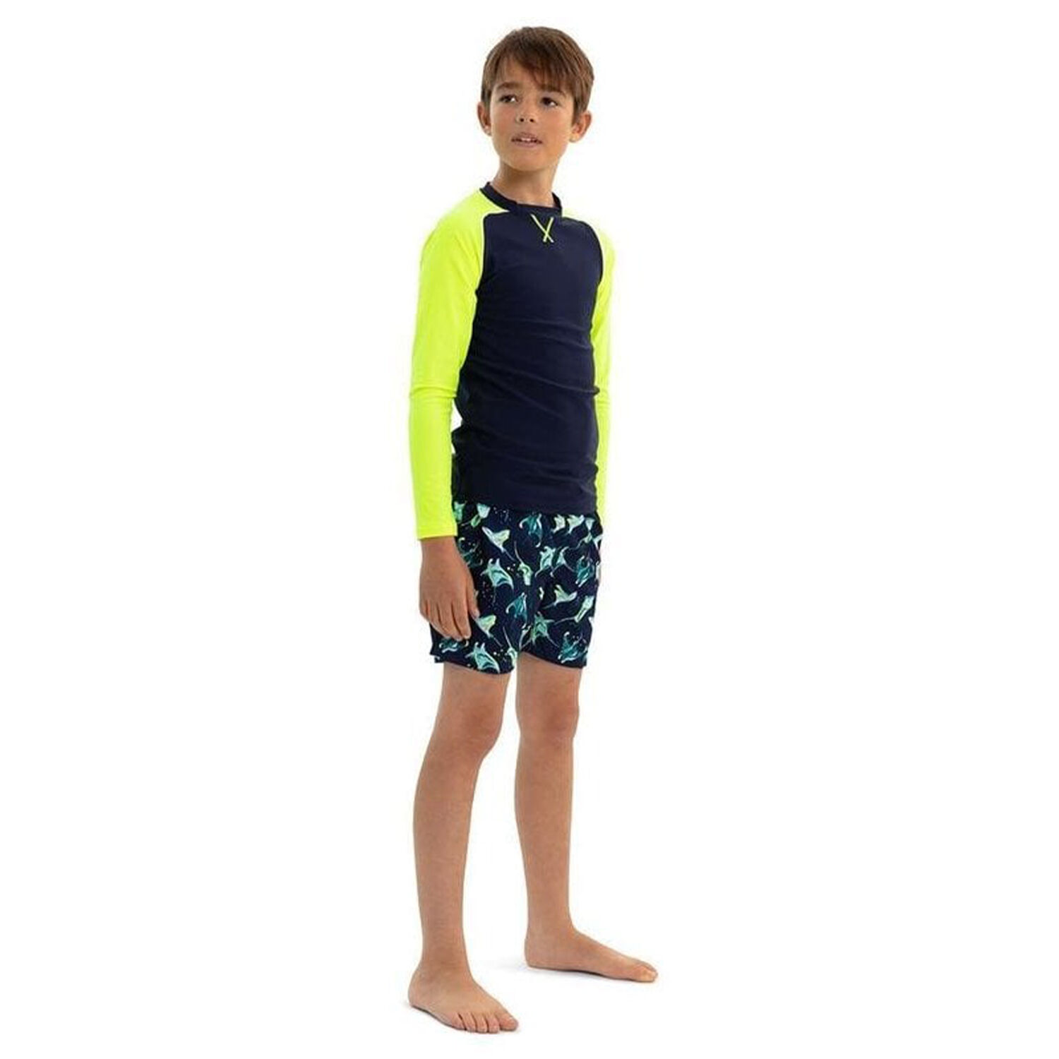 Boys Navy and Neon Long Sleeve Rash Vest UPF 50+, 1, hi-res