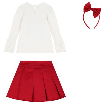 Girls Red & White Bow Pleated Skirt