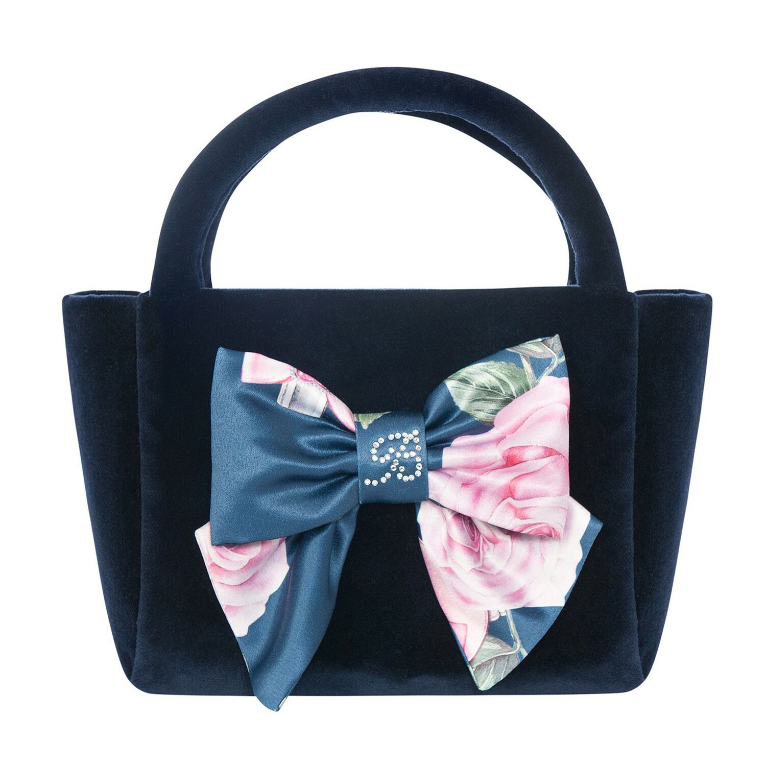 Girls Navy Velvet Handbag, 1, hi-res