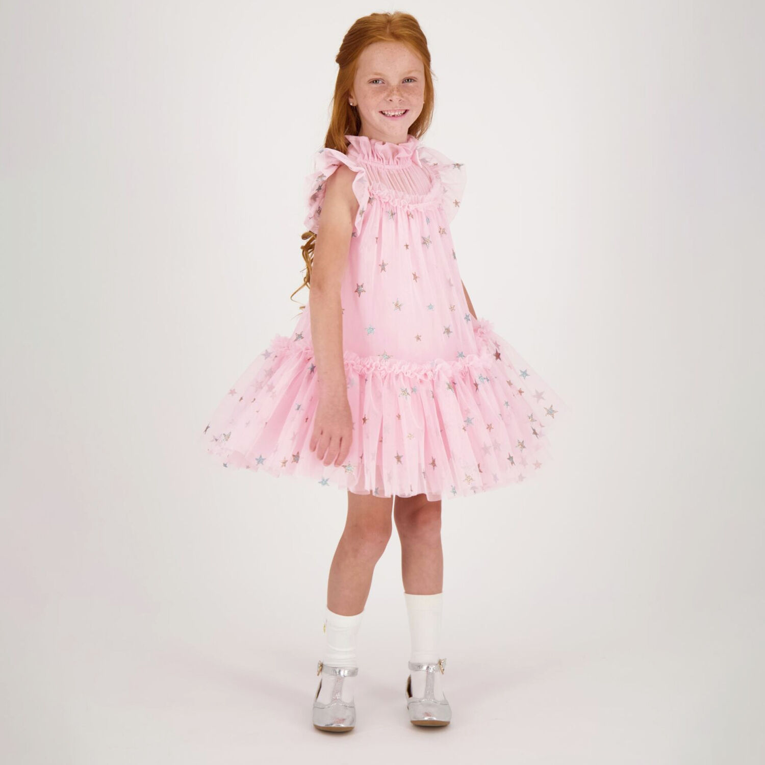 Girls Pink Star Tulle Dress, 1, hi-res