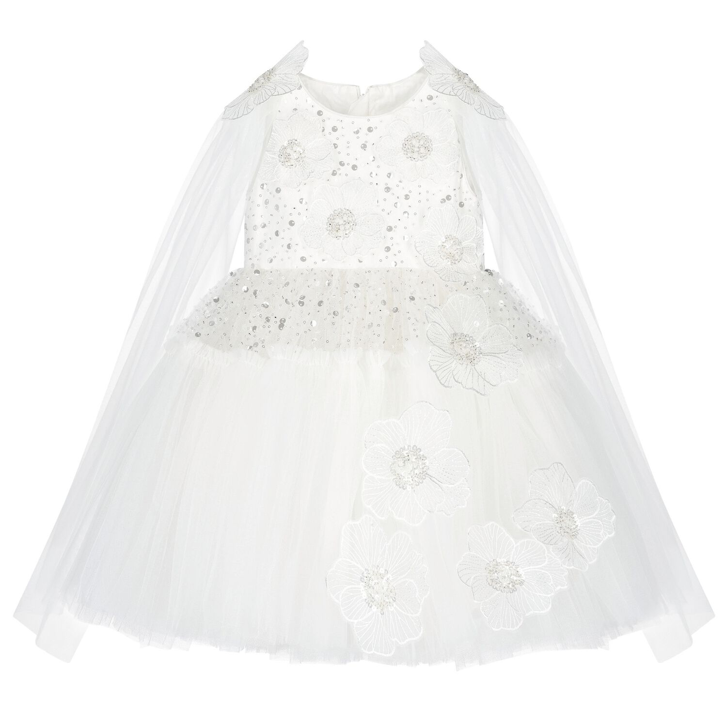 Girls White Sequin Tulle Flower Dress, 1, hi-res image number null