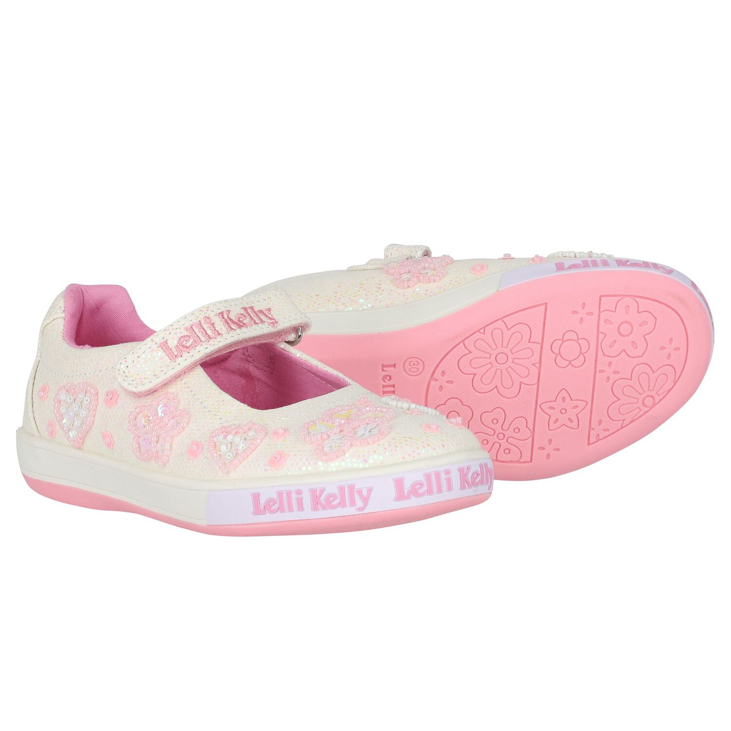 Girls White Logo Beaded Hearts Shoes, 1, hi-res image number null