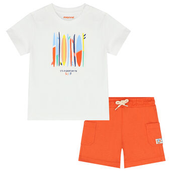 Younger Boys White & Orange Surfing Board Shorts Set