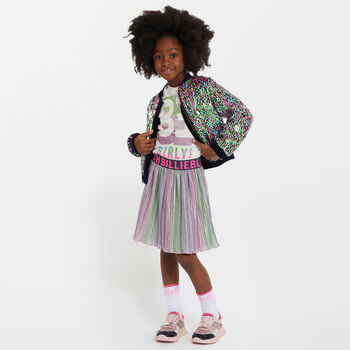 Girls Pink, Green & Purple Logo Pleated Skirt