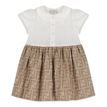 Baby Girls White & Beige FF Logo Dress