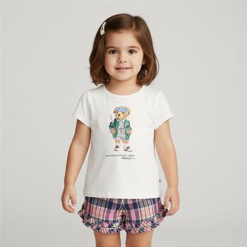 Baby Girls Ivory, Pink & Blue Tartan Polo Bear Shorts Set
