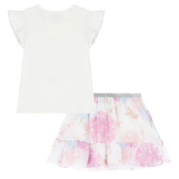 Girls White & Pink Floral Skirt Set