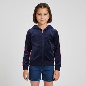 Girls Navy Blue & Pink Hooded Zip Up Top 
