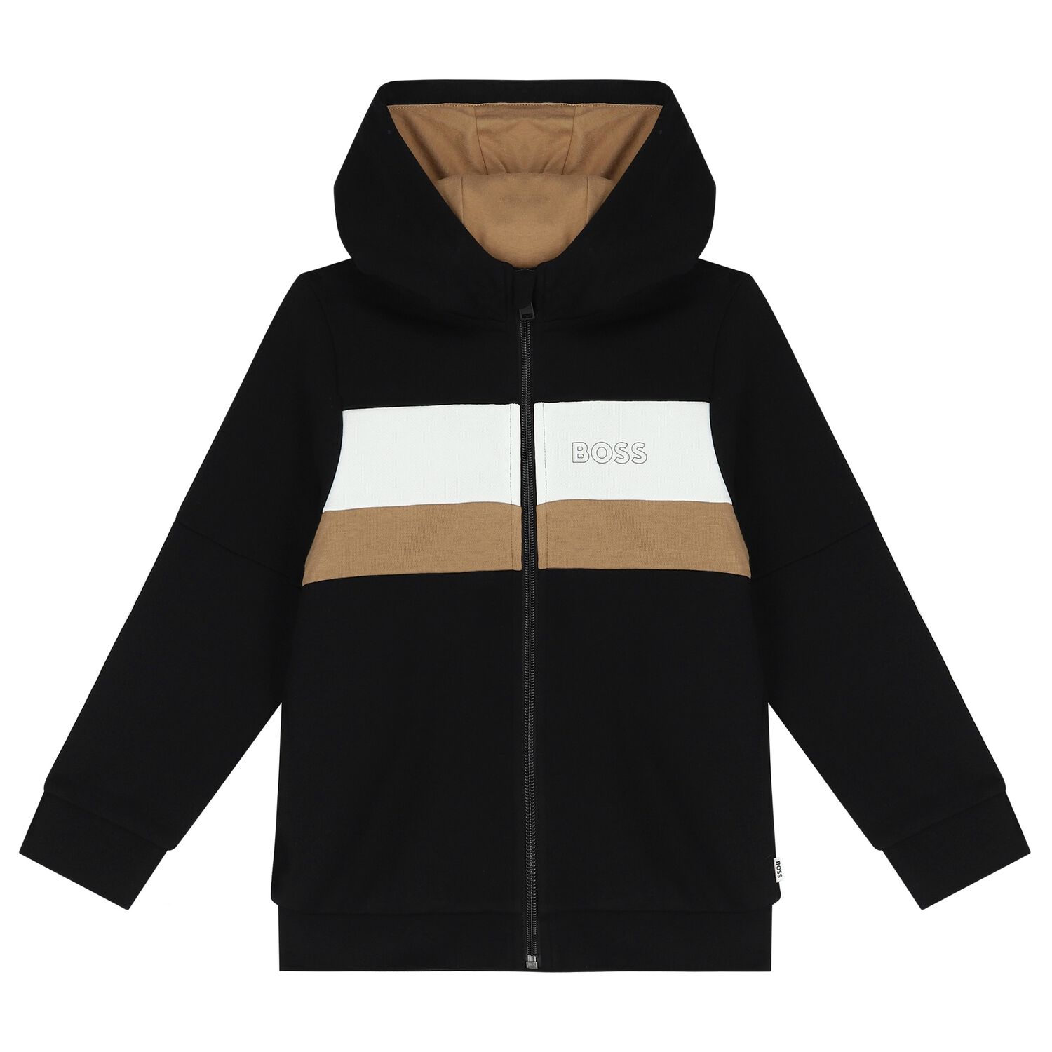 Boys Black Logo Hooded Zip Up Top, 1, hi-res