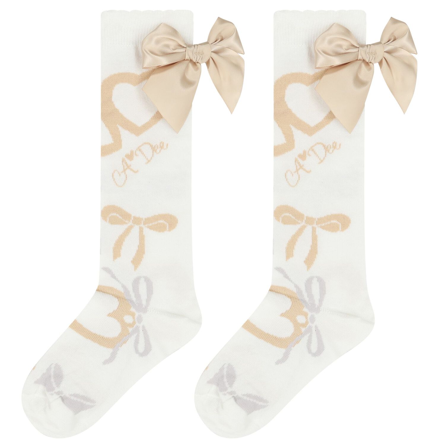 Girls Ivory & Gold Satin Bow Socks, 1, hi-res