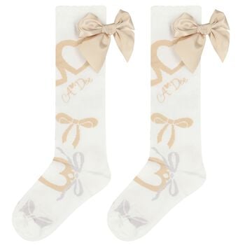 Girls Ivory & Gold Satin Bow Socks