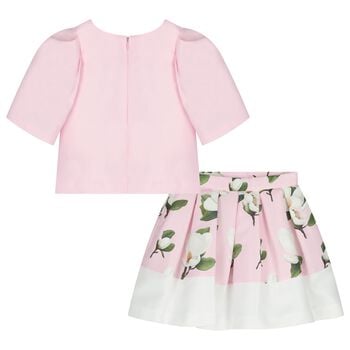 Girls Pink Floral Satin Skirt Set