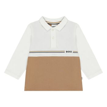 Younger Boys White & Beige Logo Polo Shirt