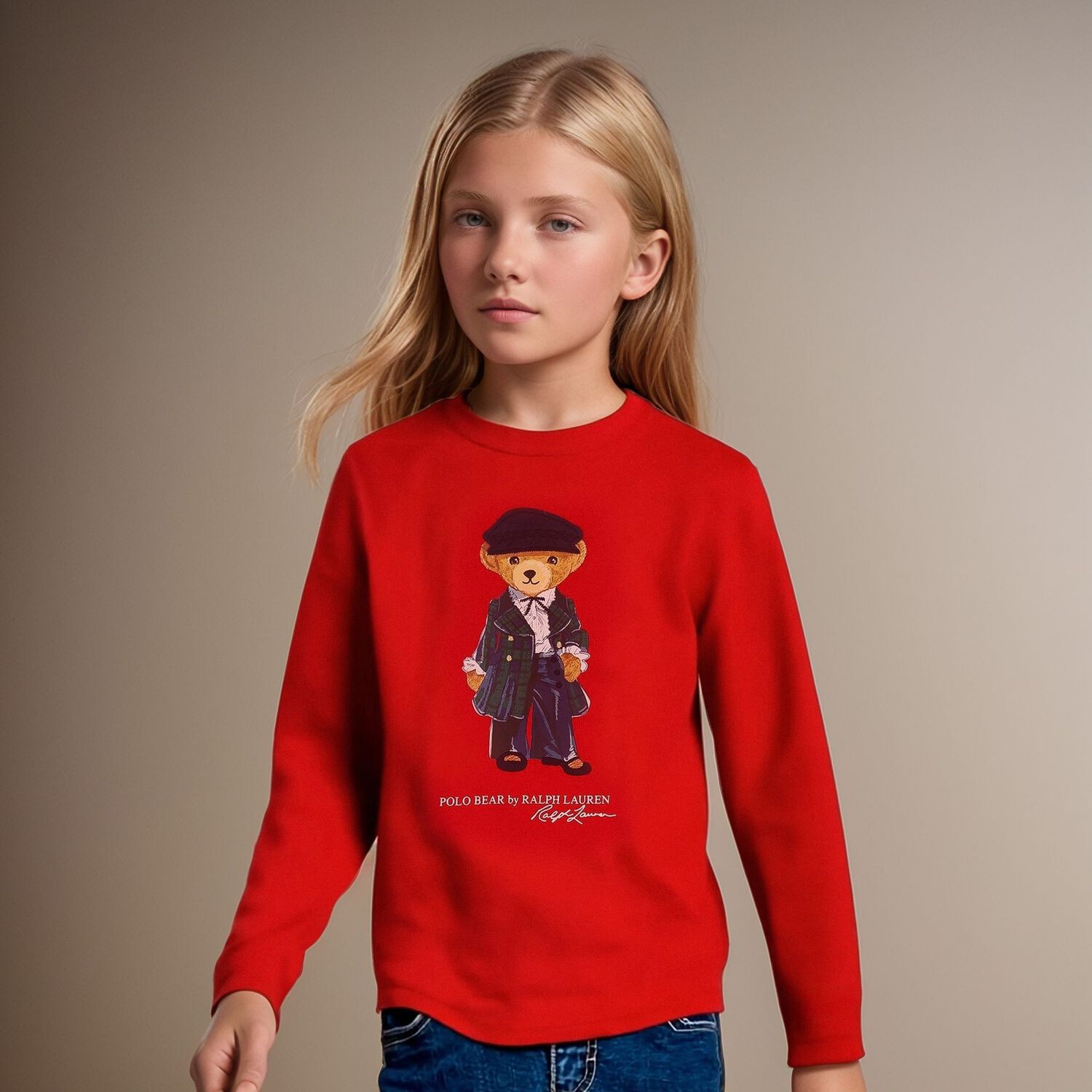 Girls Red Logo Polo Bear Long Sleeve Top, 2, hi-res image number null