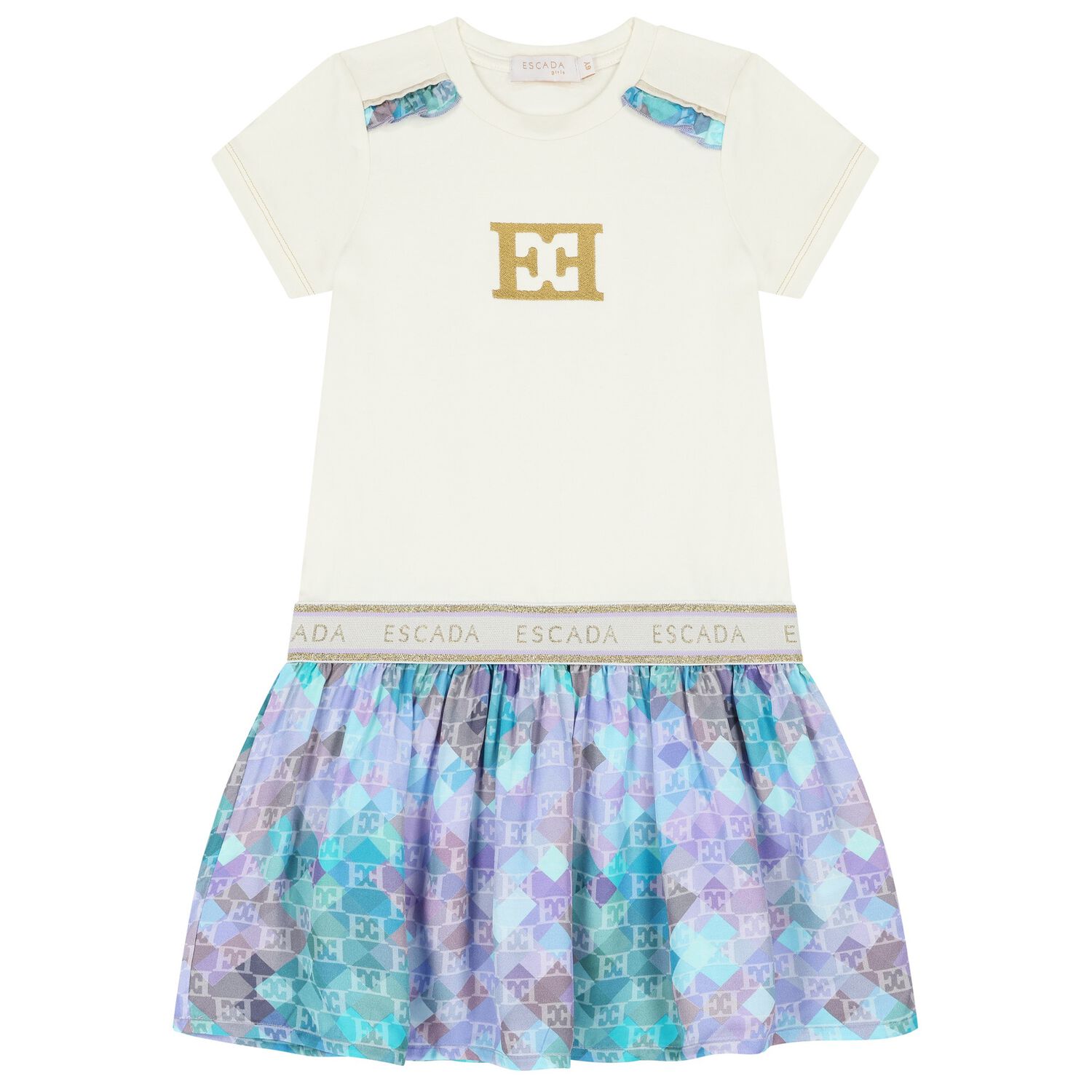 Girls Ivory & Blue Logo Dress, 1, hi-res