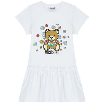 Girls White Teddy Bear Logo Dress