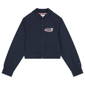 Girls Navy Blue Logo Zip Up Top