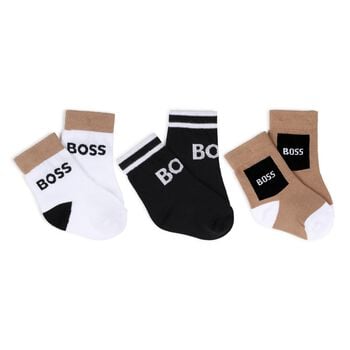 Baby Boys White, Black & Beige Logo Socks ( 3-Pack ) 