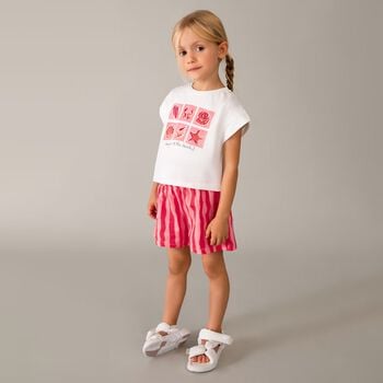 طقم شورت للبنات مخطط باللون الابيض والوردي 