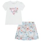 Girls White & Blue Floral Skirt Set, 1, hi-res
