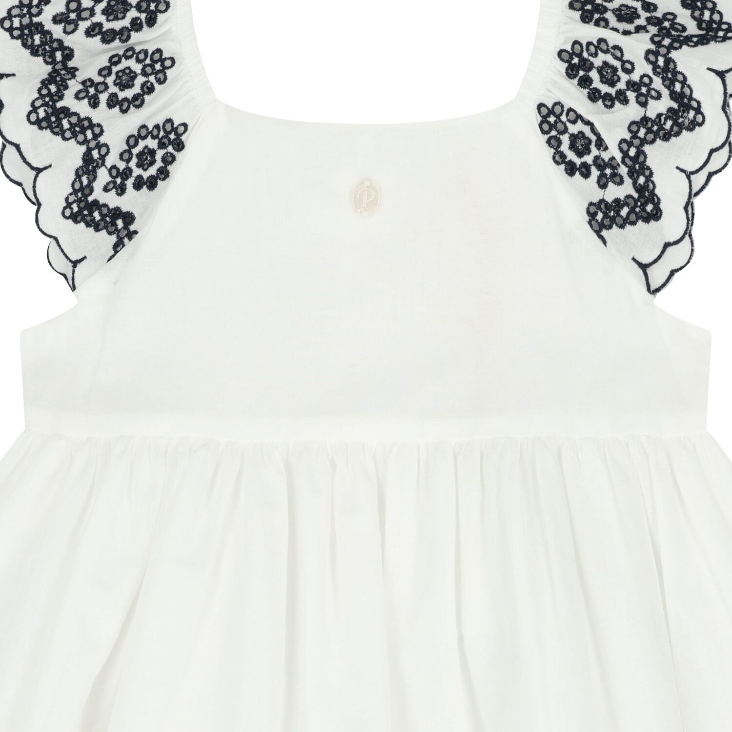Girls White & Navy Blue Embroidered Dress, 1, hi-res