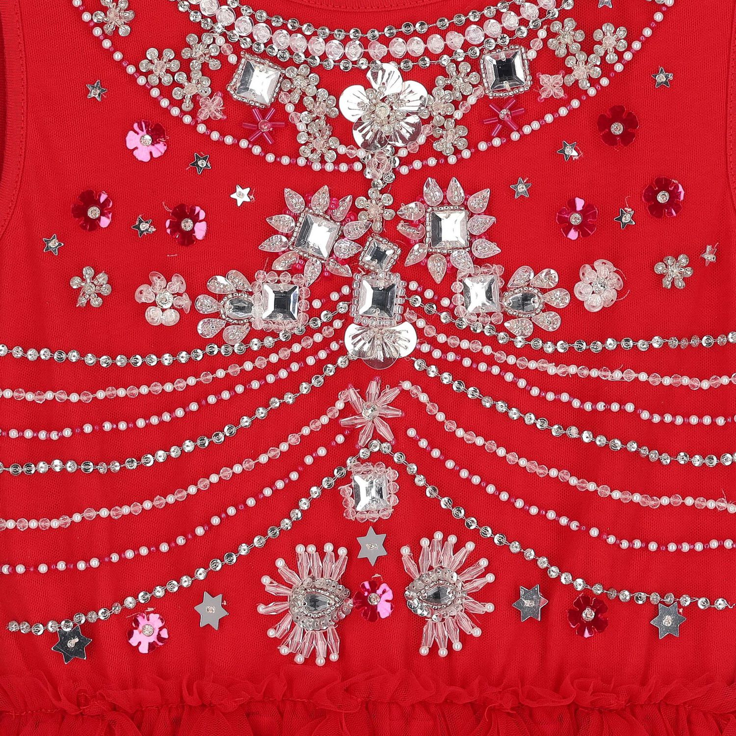 Girls Red Embellished Ruffled Tulle Dress , 1, hi-res