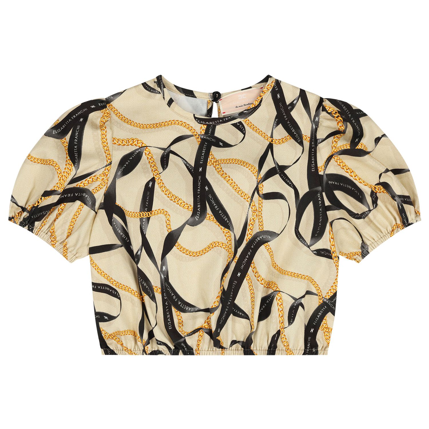 بلوزة بناتي بأكمام منفوخة باللون البيج والأسود, 1, hi-res