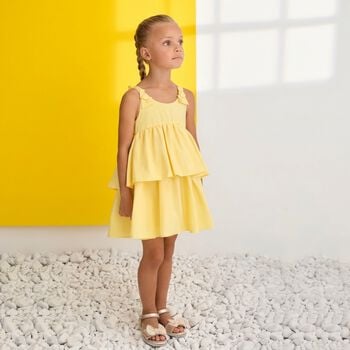 Girls Yellow Bow Tiered Dress