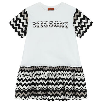 Girls White & Black Logo Zigzag Dress