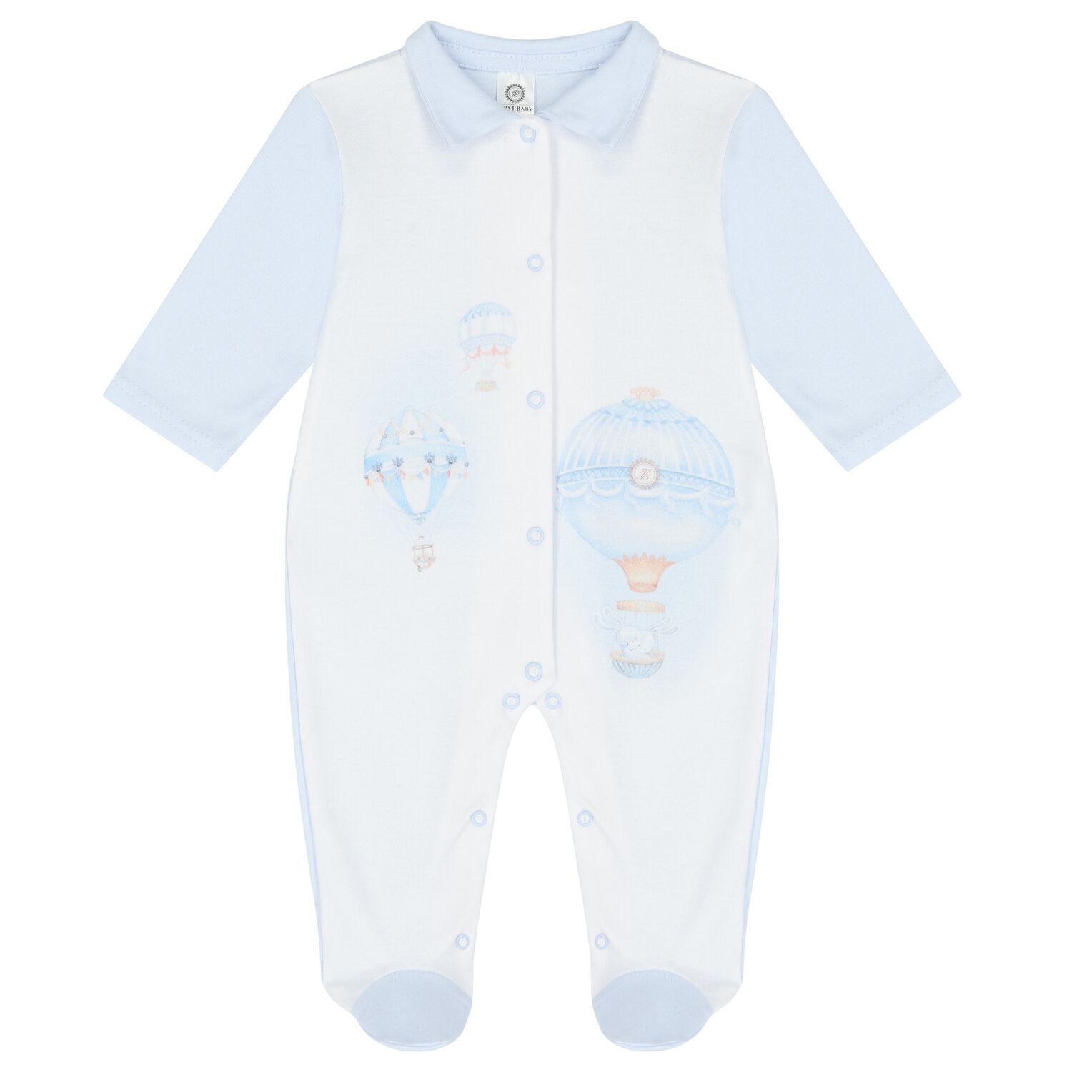 Baby Boys Blue & White Hot Air Balloon Babygrow, 1, hi-res