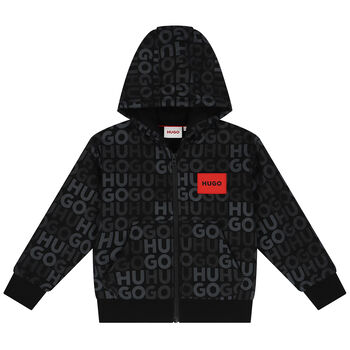 Boys Black Logo Hooded Zip Up Top