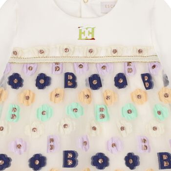 Younger Girls Ivory Logo Floral Dress