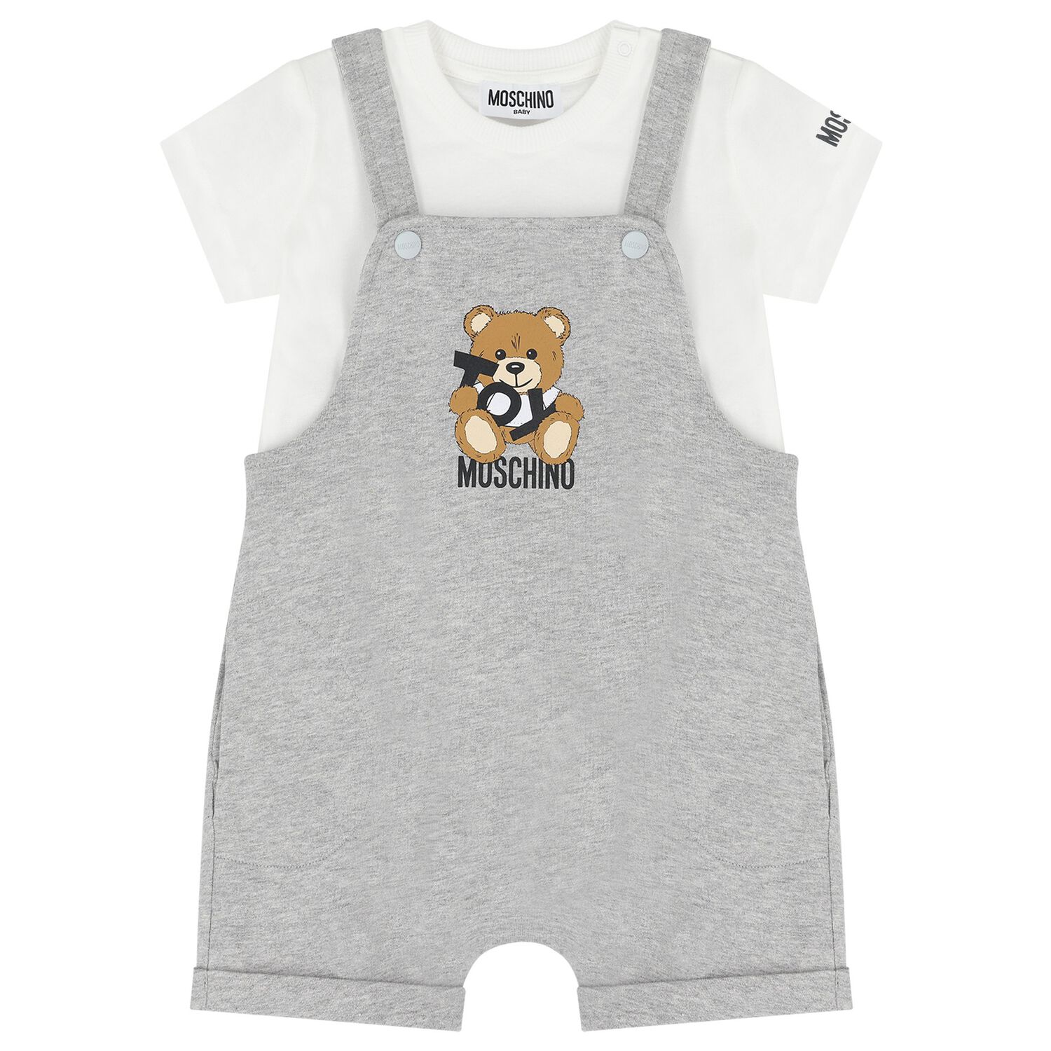 Younger White & Grey Teddy Bear Logo Dungaree Set, 2, hi-res image number null