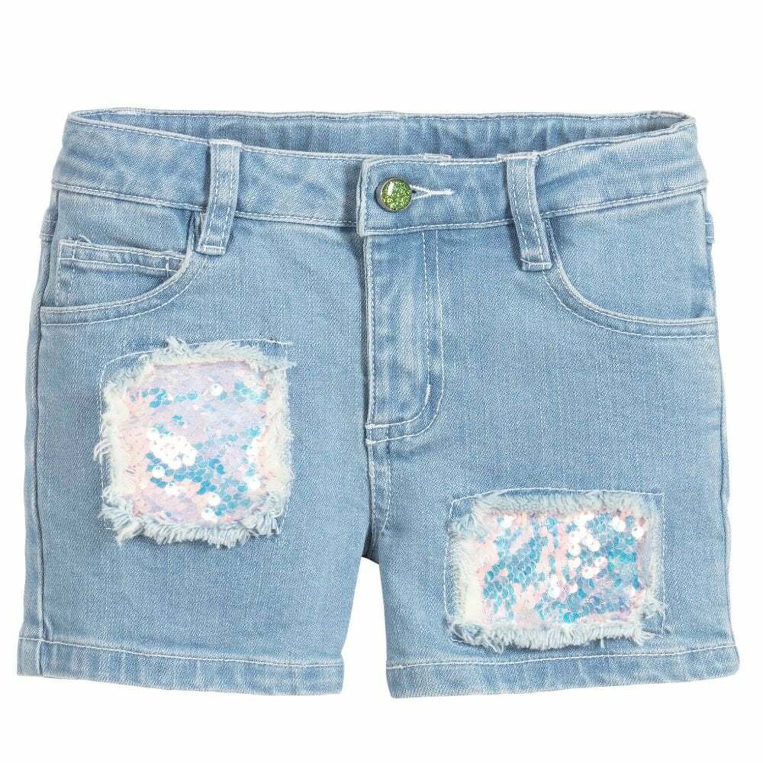 Girls Blue Embellished Denim Shorts, 1, hi-res image number null