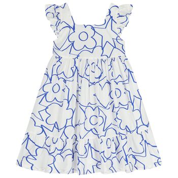 Girls White & Blue Flower Dress