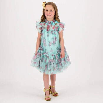 Girls Aqua Rose Tulle Dress
