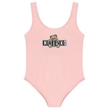 Girls Pink Teddy Bear Logo Swimsuit