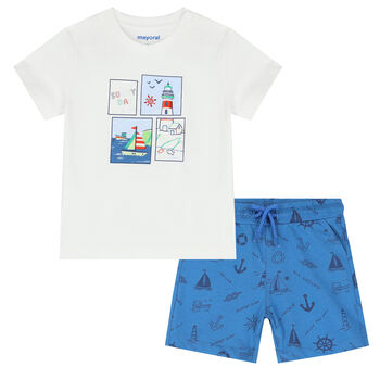 Younger Boys White & Blue Shorts Set