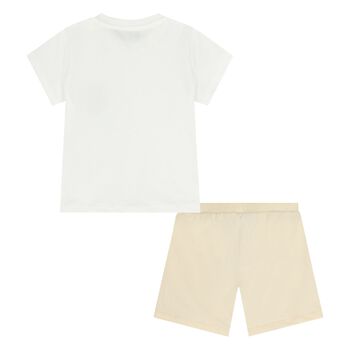 Younger White & Beige Teddy Bear Shorts Set