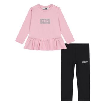 Younger Girls Pink & Black Logo Leggings Set
