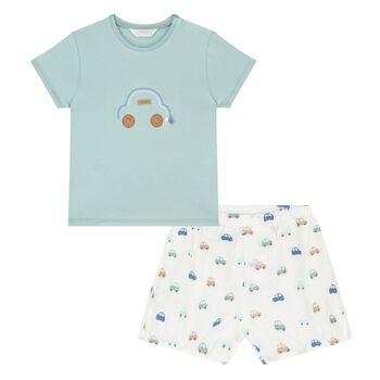 Baby Boys Green & White Car Shorts Set