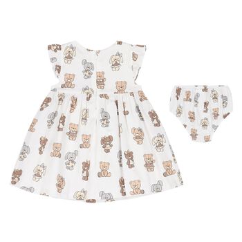 طقم فستان بطبعه تيدى بير باللون الابيض