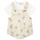 Baby Boys White & Beige Dungaree Set, 1, hi-res