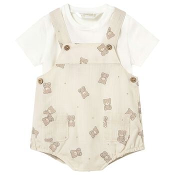Baby Boys White & Beige Dungaree Set
